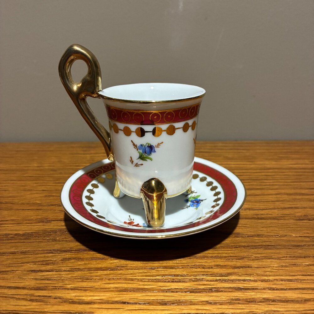 Antique KPM Footed Demitasse Tea Cup & Saucer-Floral Pattern, Gold Trim